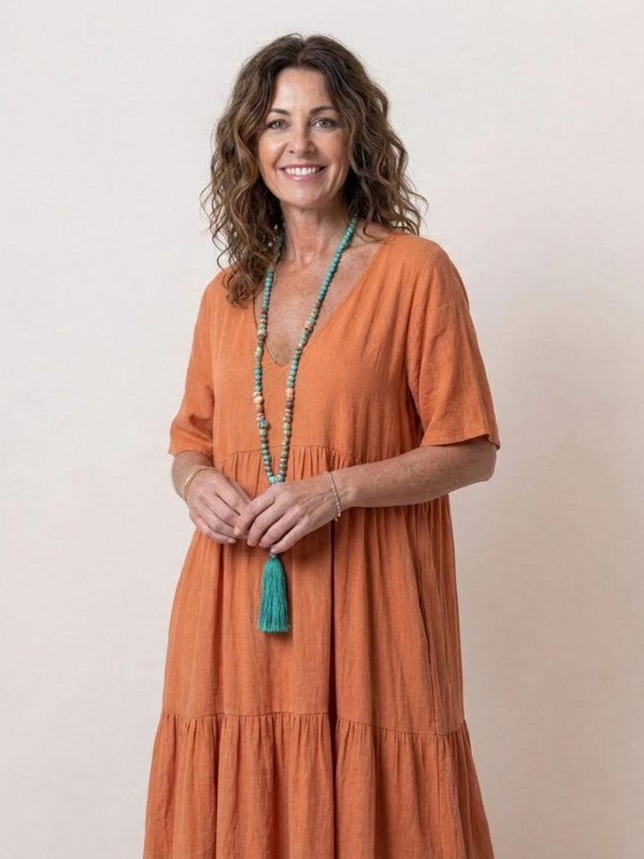 Women's V-Neck Tiered Maxi Swing Dress with Short Sleeves – Zalumo