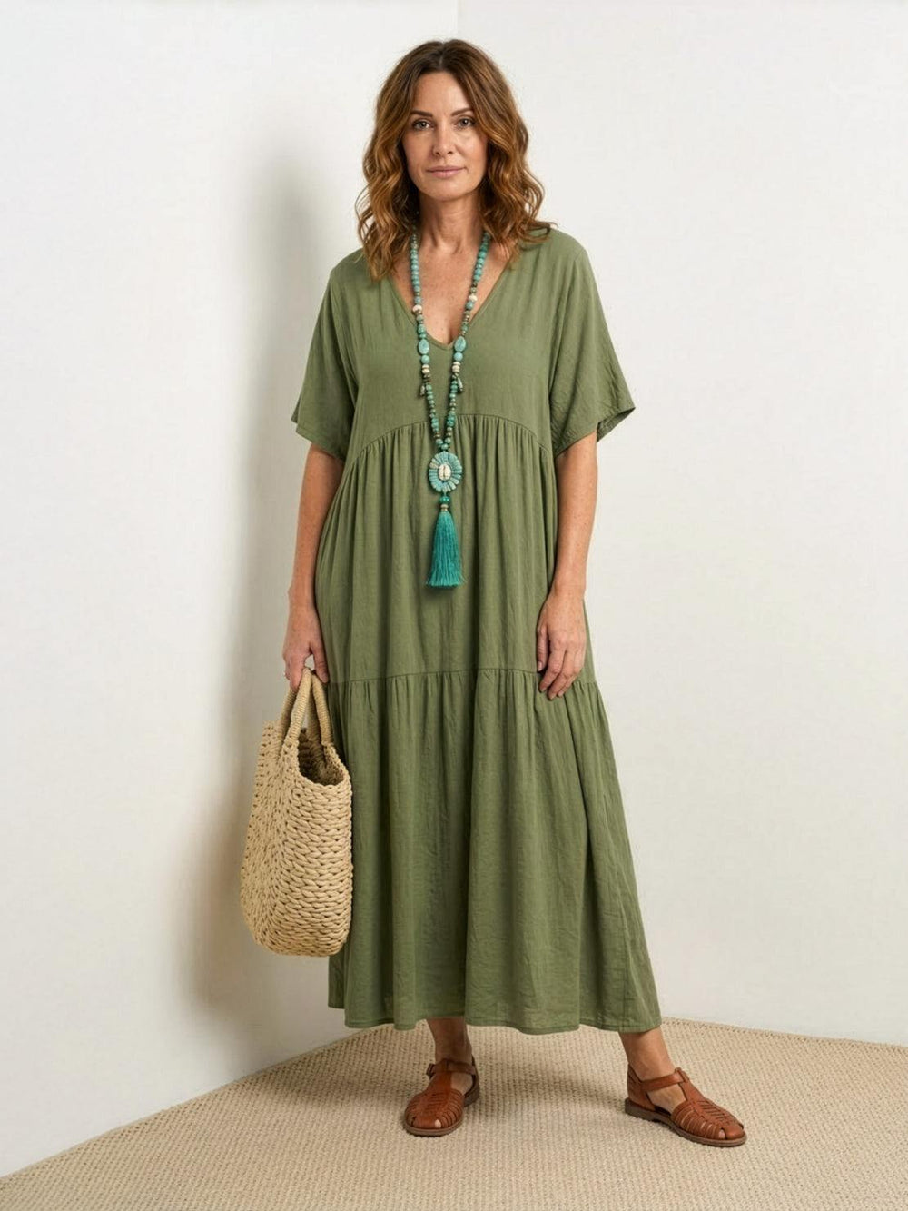 Women's V-Neck Tiered Maxi Swing Dress with Short Sleeves – Zalumo