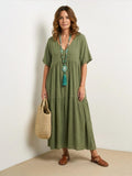 Women's V-Neck Tiered Maxi Swing Dress with Short Sleeves – Zalumo