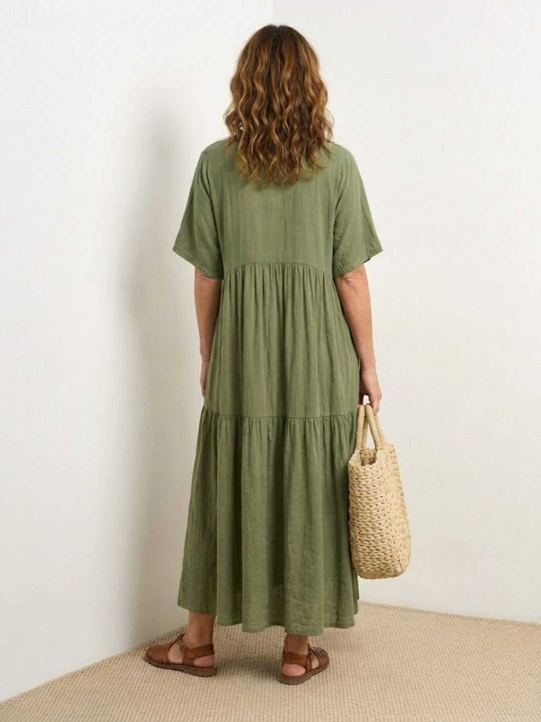 Women's V-Neck Tiered Maxi Swing Dress with Short Sleeves – Zalumo