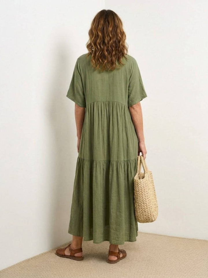Women's V-Neck Tiered Maxi Swing Dress with Short Sleeves – Zalumo