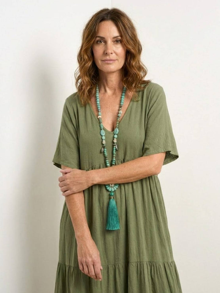 Women's V-Neck Tiered Maxi Swing Dress with Short Sleeves – Zalumo