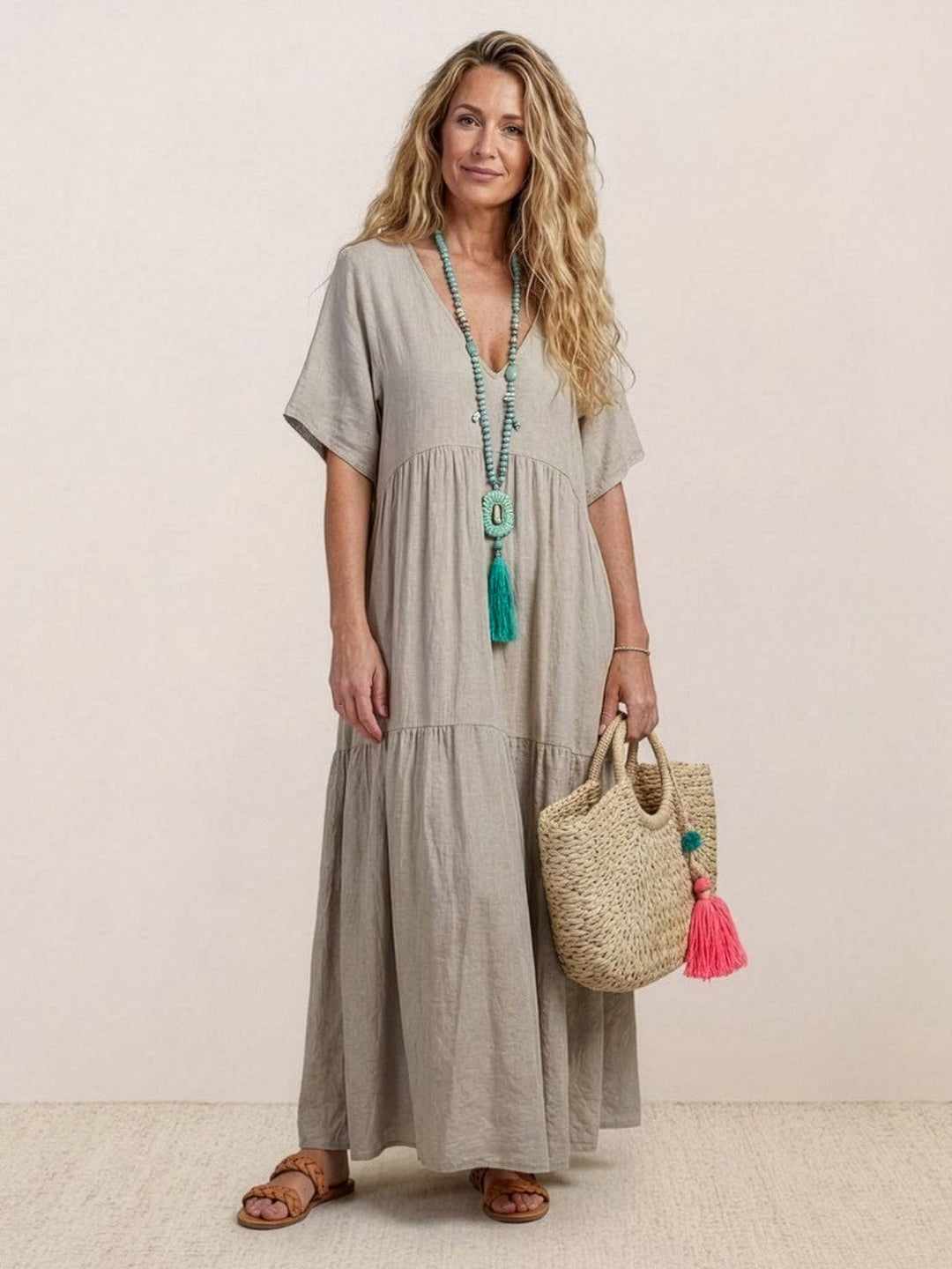 Women's V-Neck Tiered Maxi Swing Dress with Short Sleeves – Zalumo