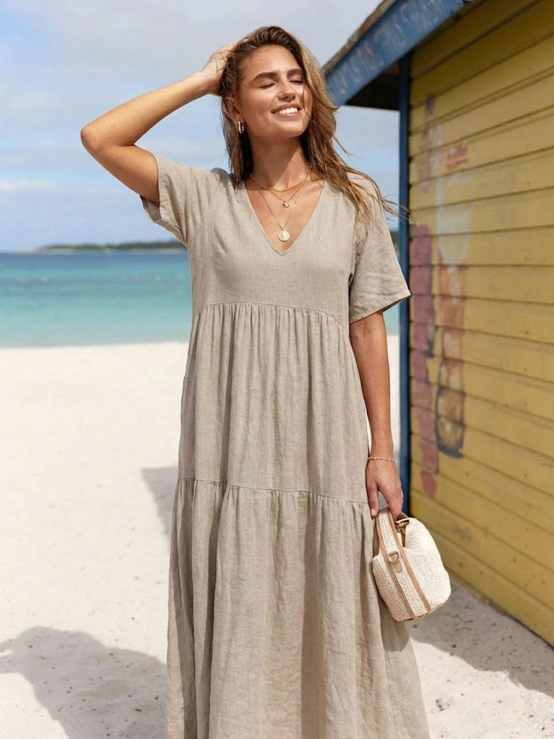 Women's V-Neck Tiered Maxi Swing Dress with Short Sleeves – Zalumo