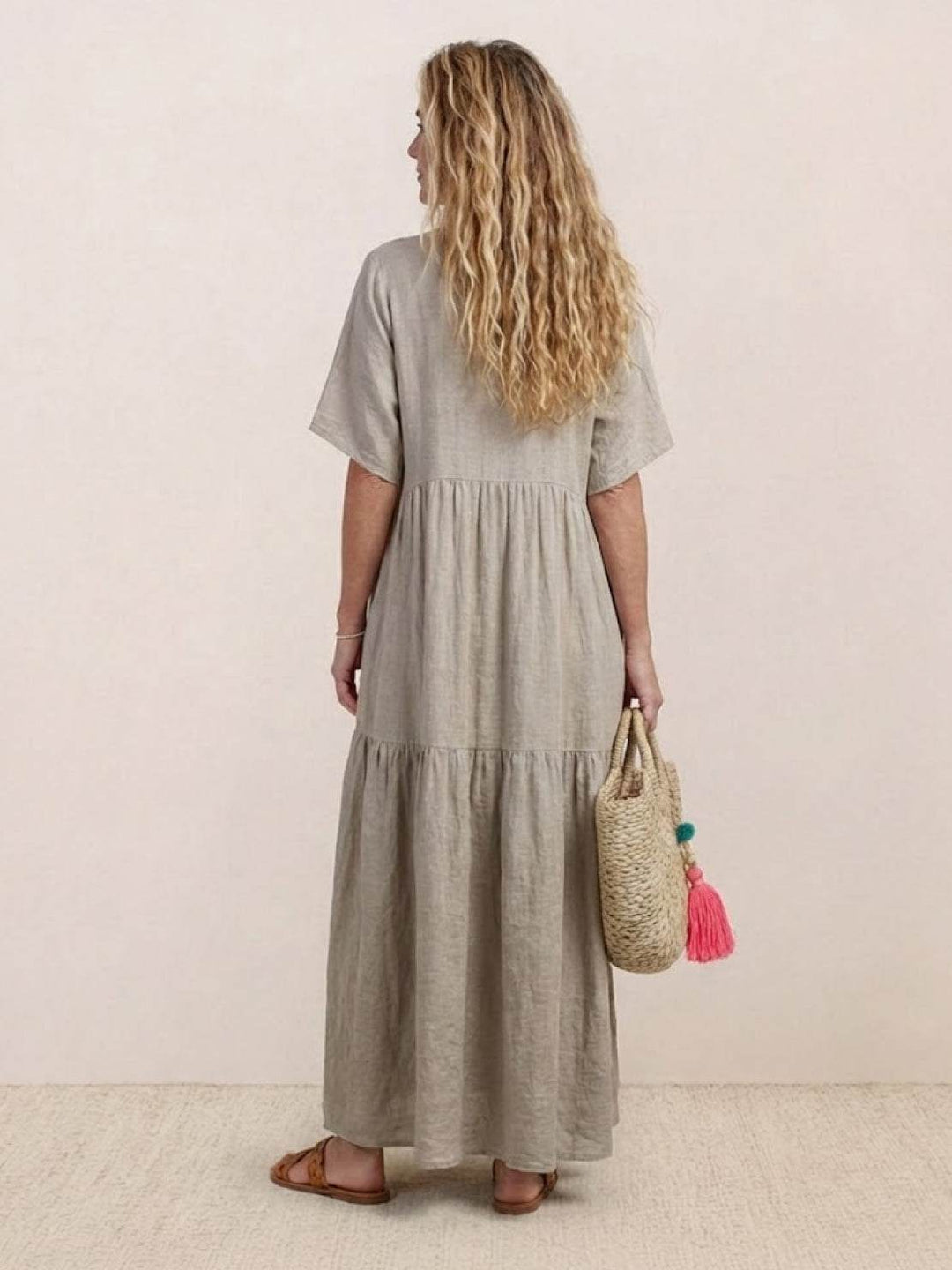 Women's V-Neck Tiered Maxi Swing Dress with Short Sleeves – Zalumo