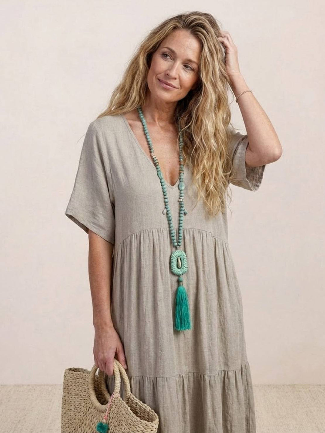 Women's V-Neck Tiered Maxi Swing Dress with Short Sleeves – Zalumo