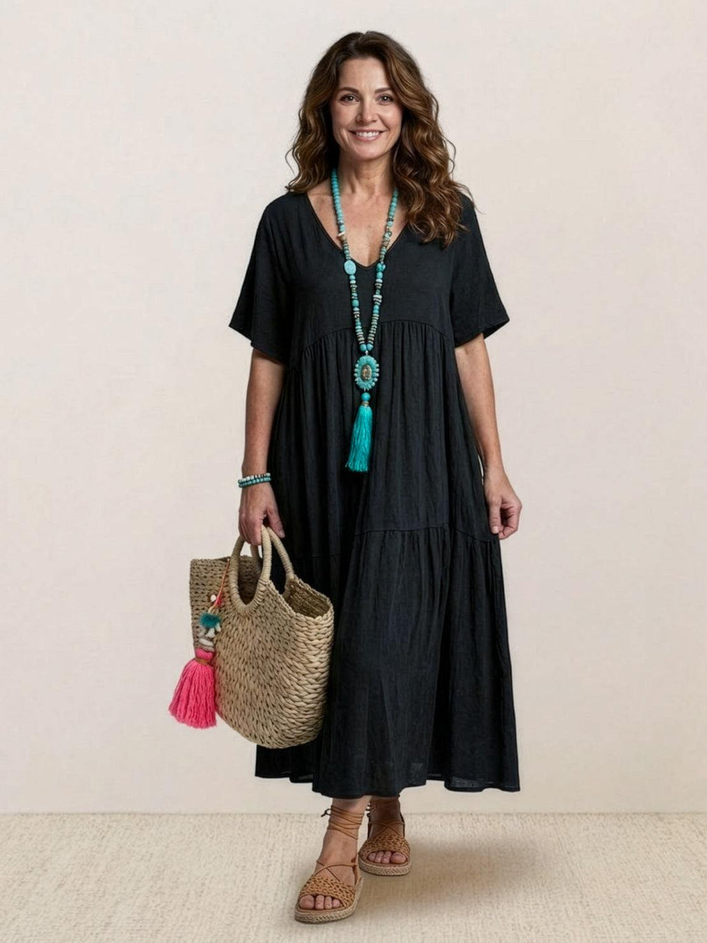 Women's V-Neck Tiered Maxi Swing Dress with Short Sleeves – Zalumo