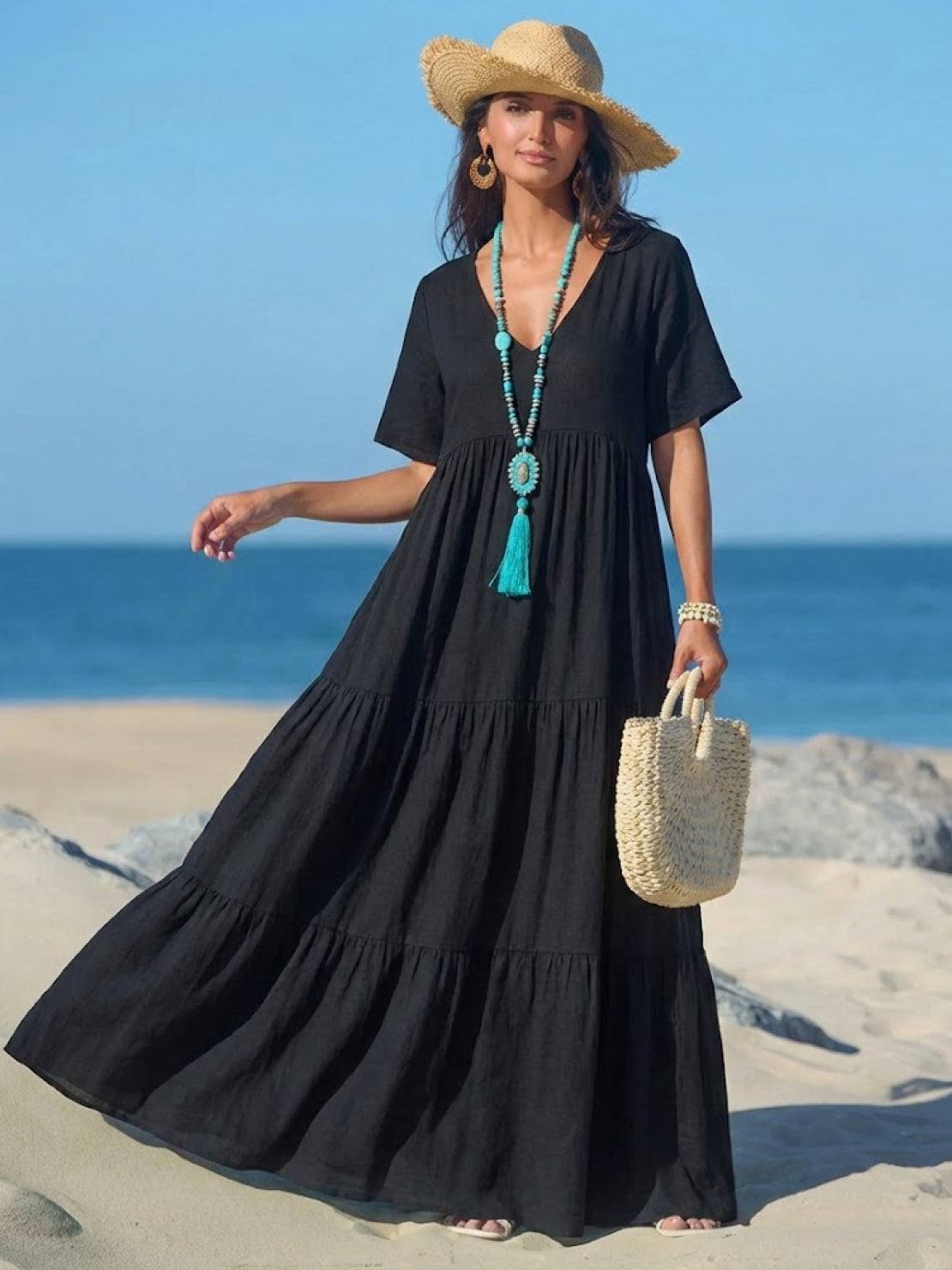 Women's V-Neck Tiered Maxi Swing Dress with Short Sleeves – Zalumo