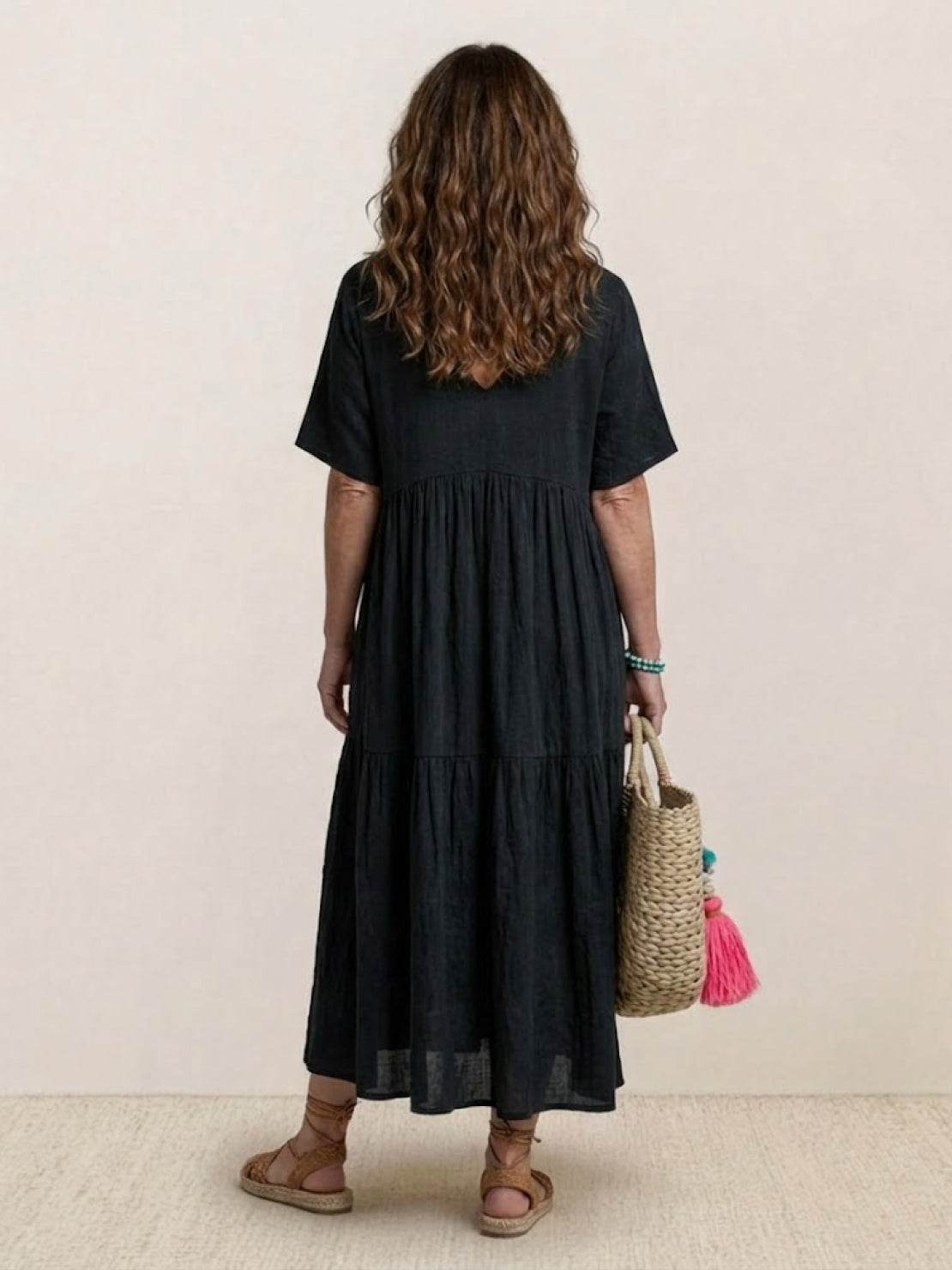 Women's V-Neck Tiered Maxi Swing Dress with Short Sleeves – Zalumo