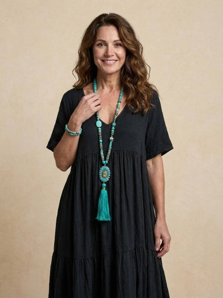 Women's V-Neck Tiered Maxi Swing Dress with Short Sleeves – Zalumo