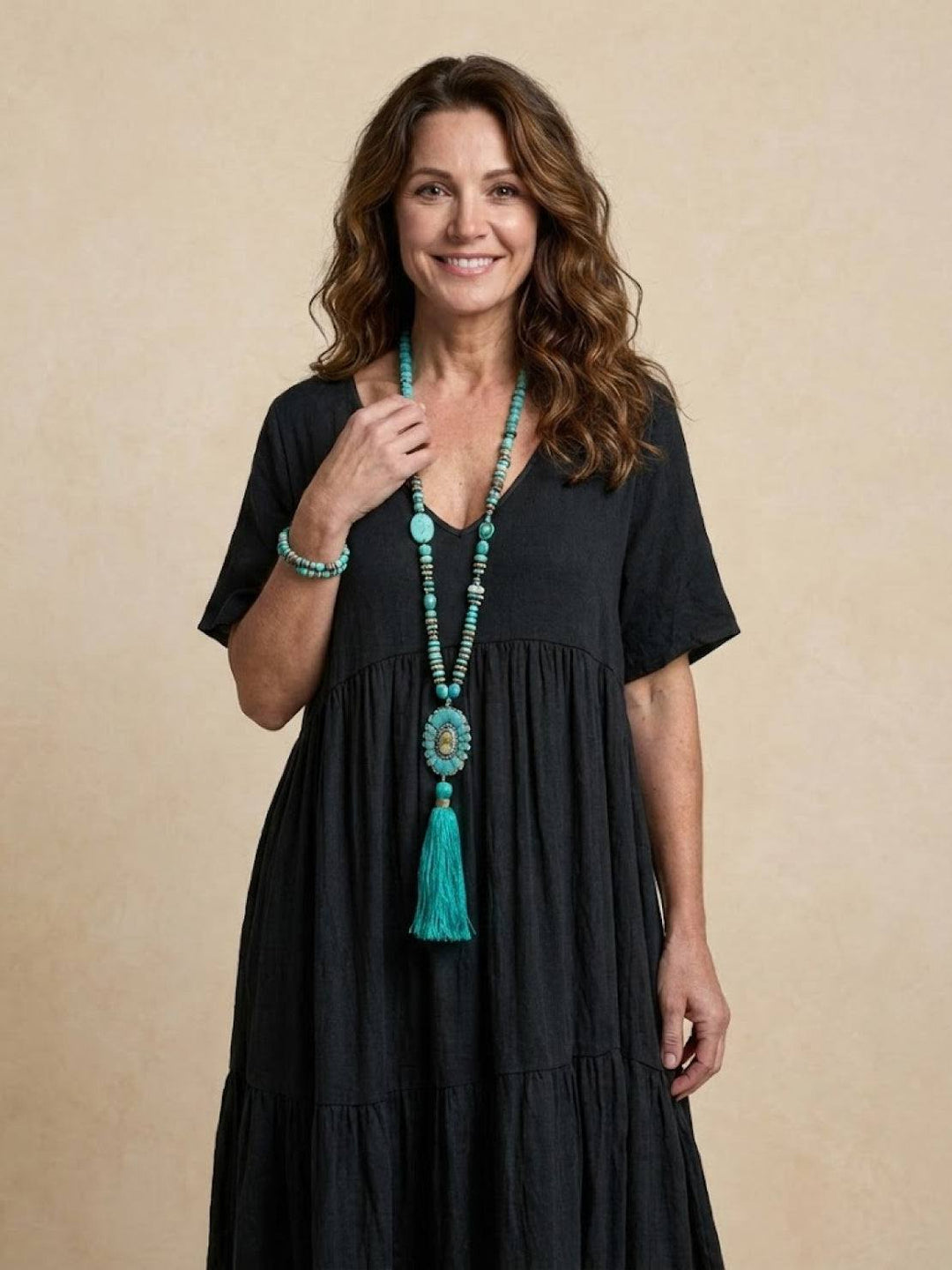 Women's V-Neck Tiered Maxi Swing Dress with Short Sleeves – Zalumo