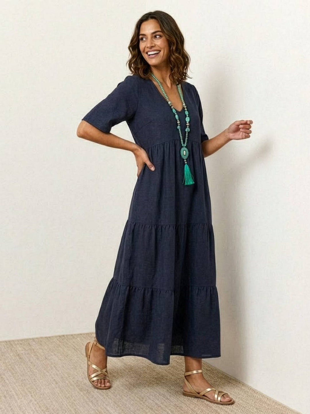 Women's V-Neck Tiered Maxi Swing Dress with Short Sleeves – Zalumo