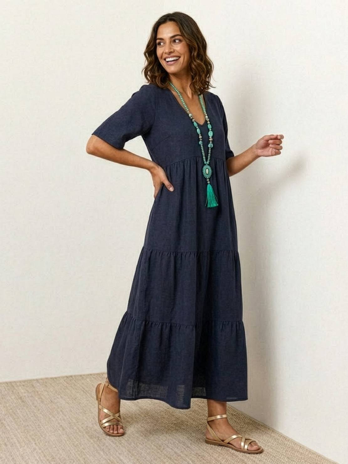 Women's V-Neck Tiered Maxi Swing Dress with Short Sleeves – Zalumo