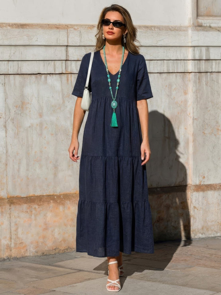 Women's V-Neck Tiered Maxi Swing Dress with Short Sleeves – Zalumo