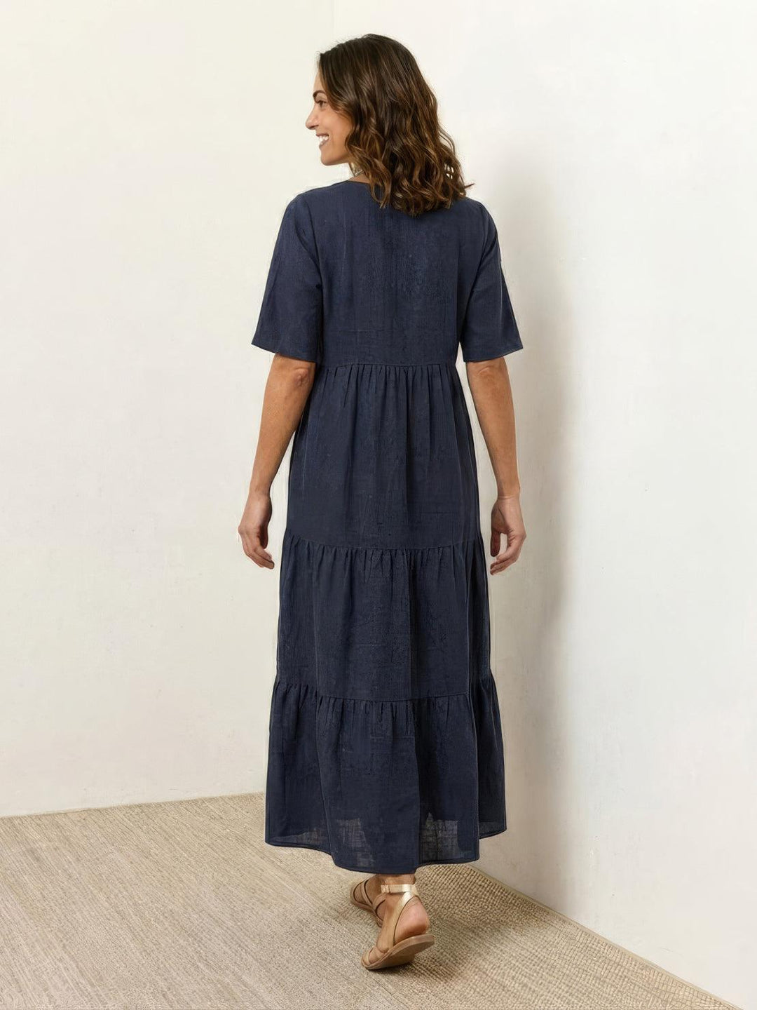 Women's V-Neck Tiered Maxi Swing Dress with Short Sleeves