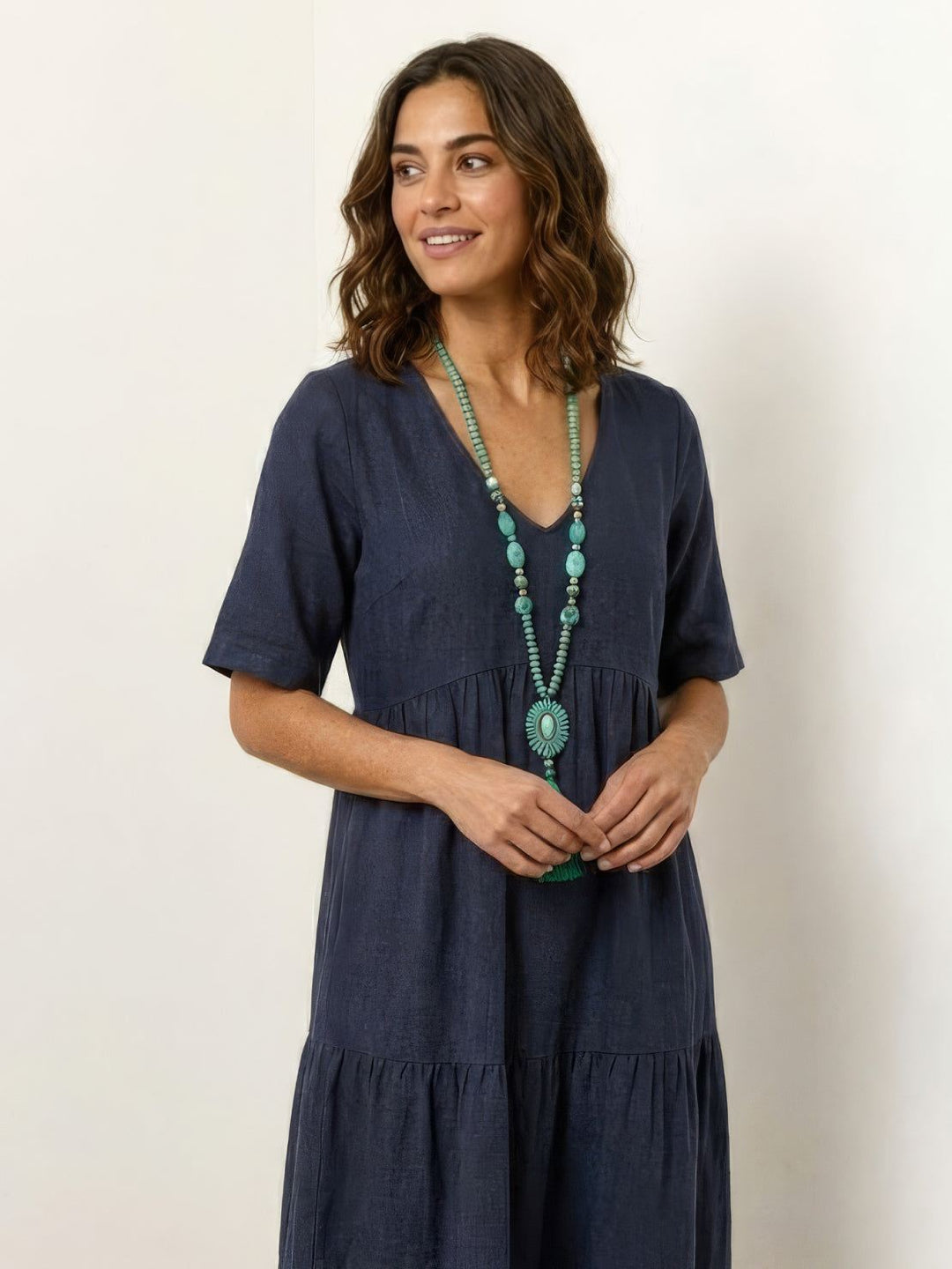 Women's V-Neck Tiered Maxi Swing Dress with Short Sleeves