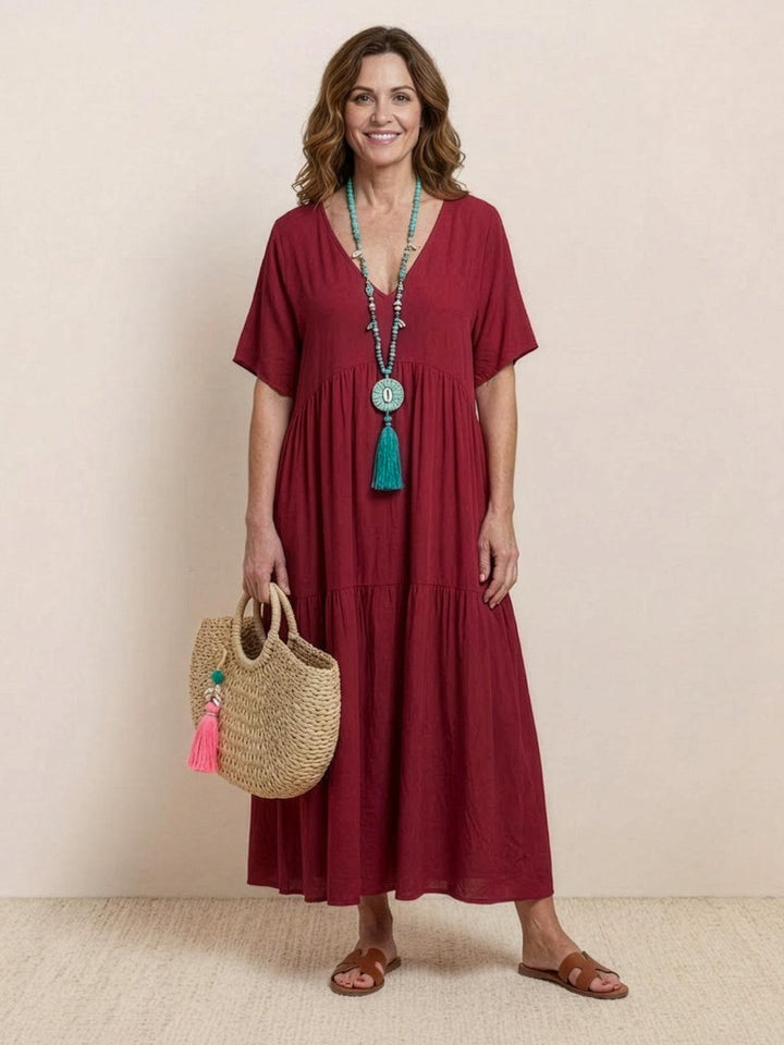 Women's V-Neck Tiered Maxi Swing Dress with Short Sleeves – Zalumo