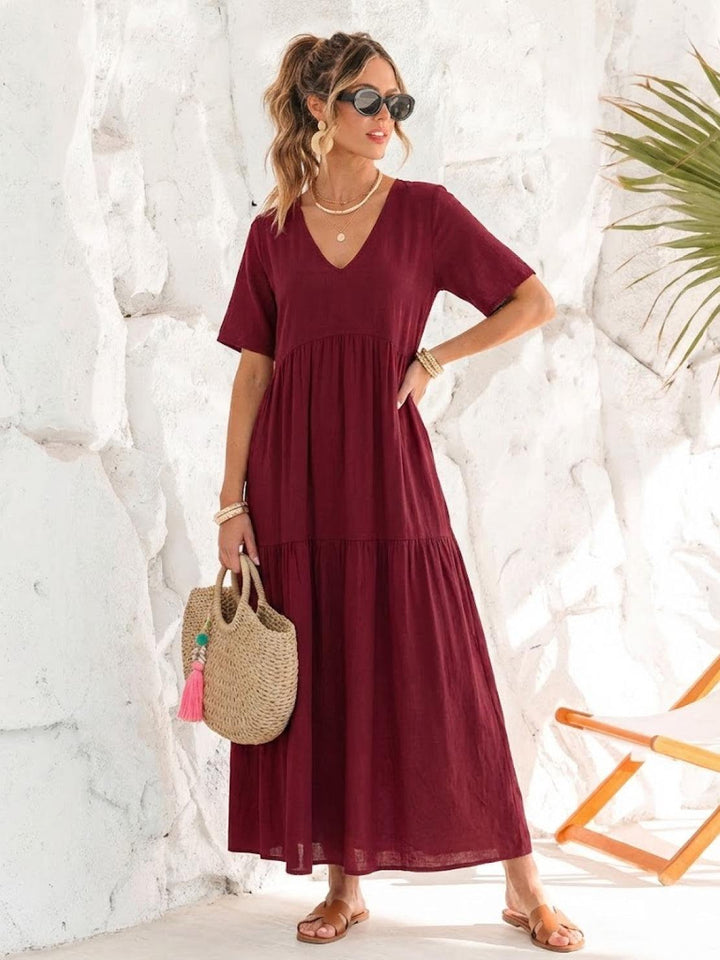 Women's V-Neck Tiered Maxi Swing Dress with Short Sleeves