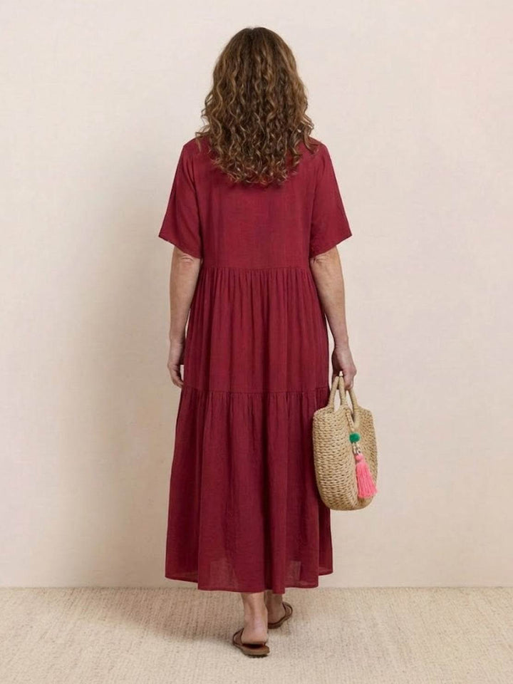 Women's V-Neck Tiered Maxi Swing Dress with Short Sleeves