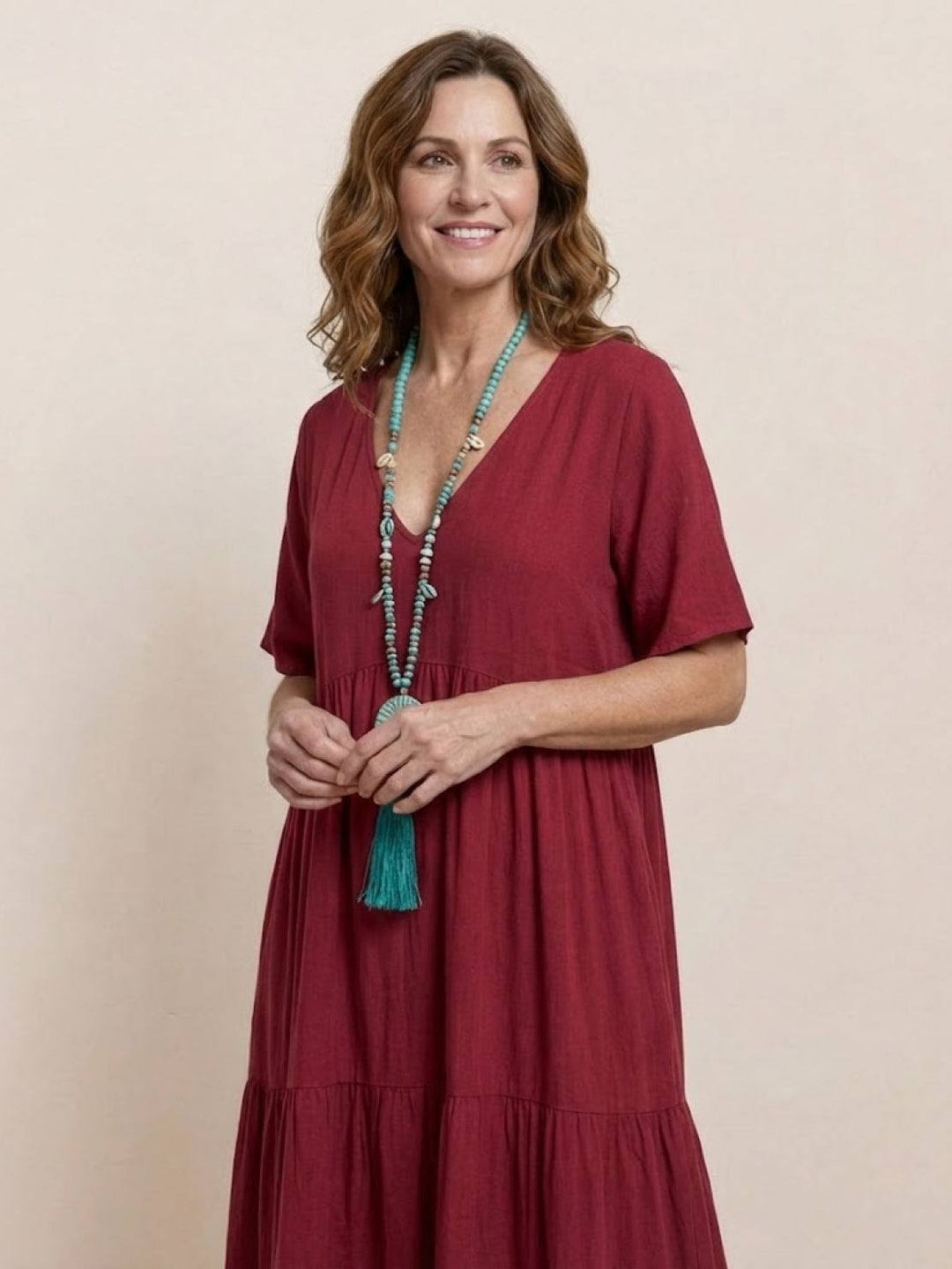 Women's V-Neck Tiered Maxi Swing Dress with Short Sleeves