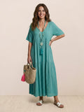 Women's V-Neck Tiered Maxi Swing Dress with Short Sleeves – Zalumo