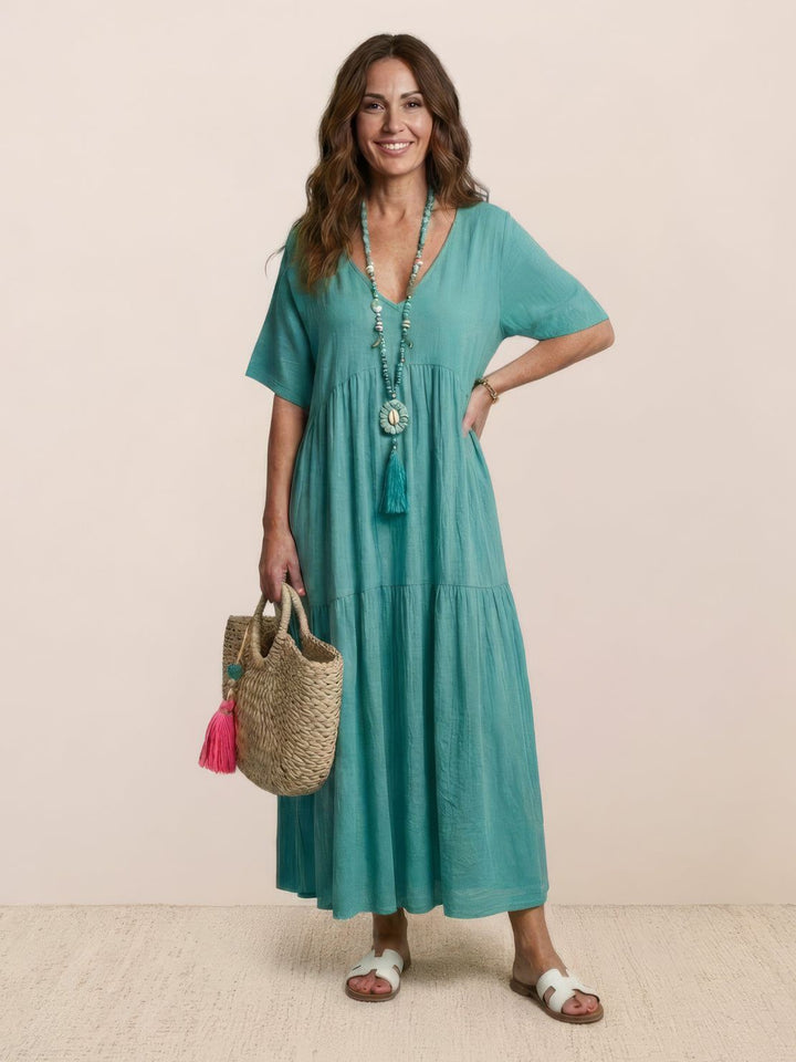 Women's V-Neck Tiered Maxi Swing Dress with Short Sleeves – Zalumo