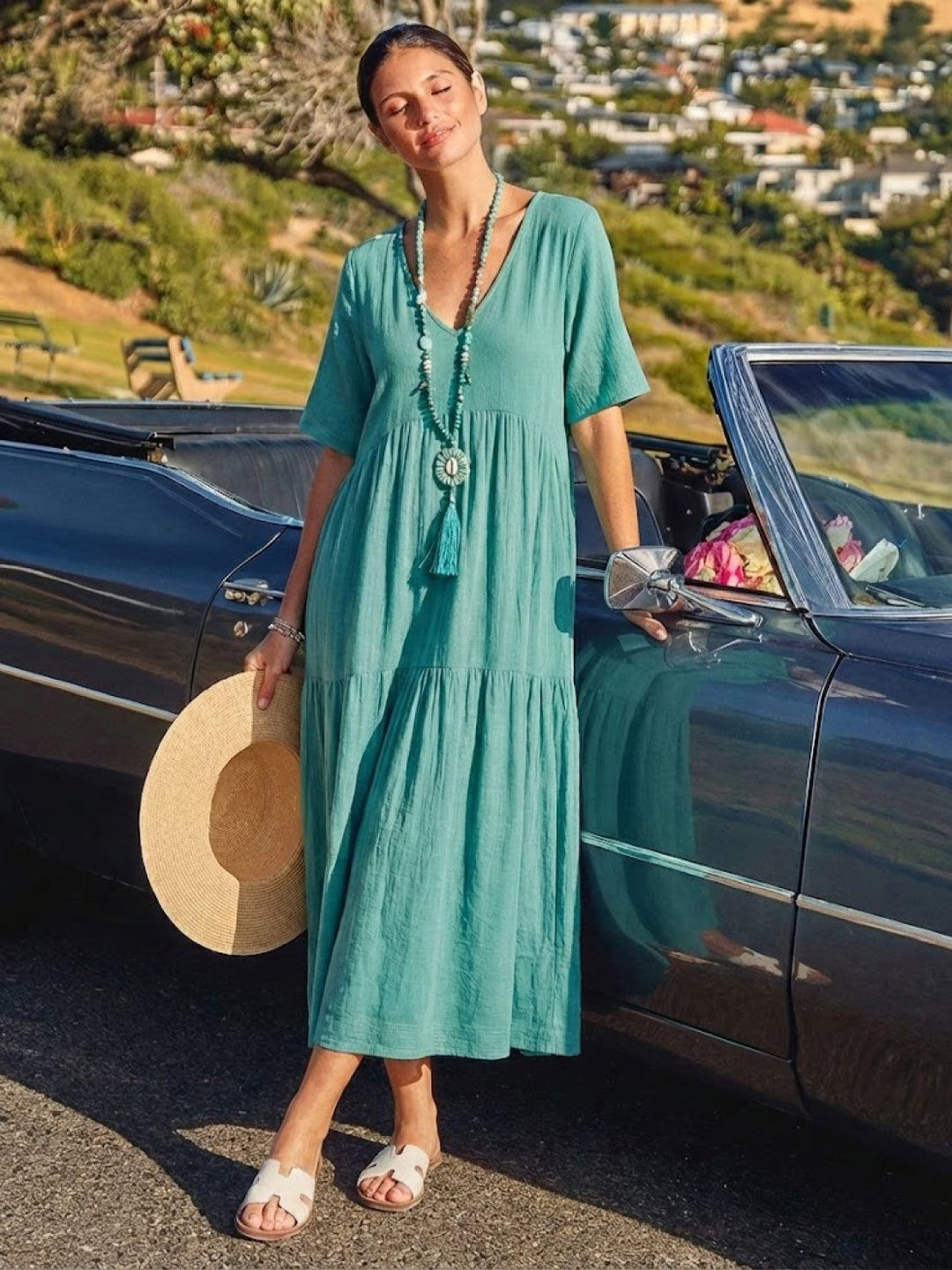 Women's V-Neck Tiered Maxi Swing Dress with Short Sleeves