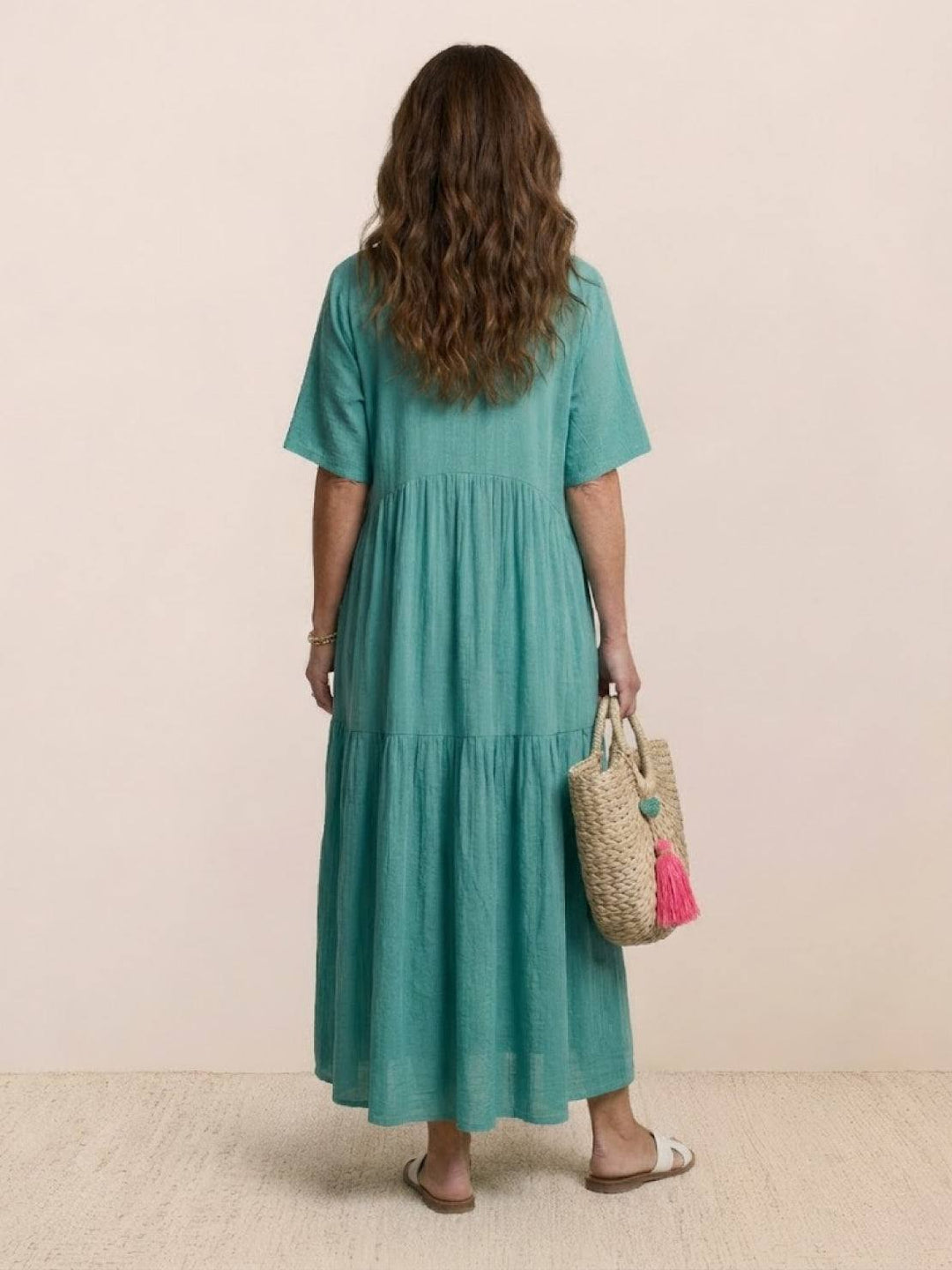Women's V-Neck Tiered Maxi Swing Dress with Short Sleeves