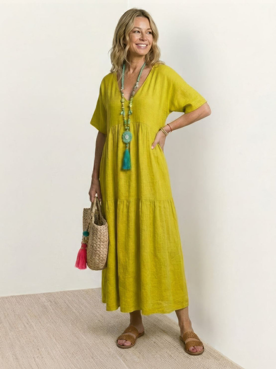 Women's V-Neck Tiered Maxi Swing Dress with Short Sleeves – Zalumo