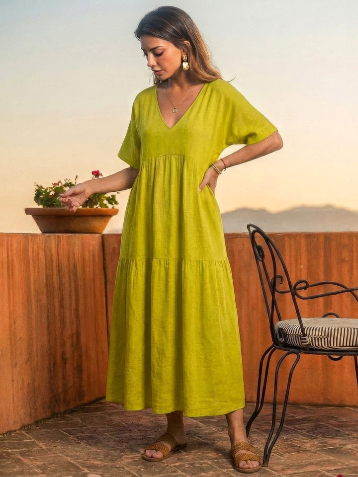 Women's V-Neck Tiered Maxi Swing Dress with Short Sleeves