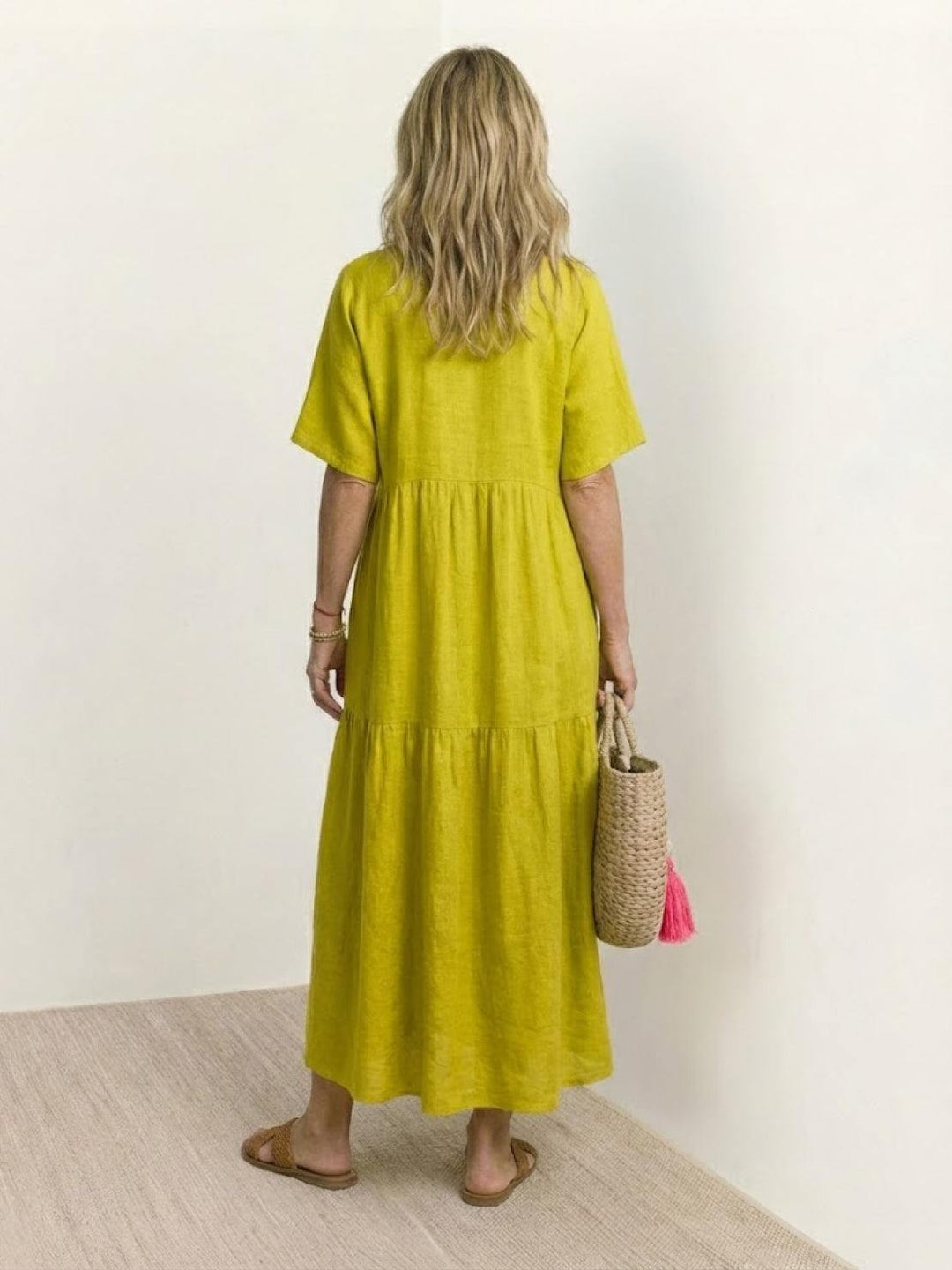 Women's V-Neck Tiered Maxi Swing Dress with Short Sleeves