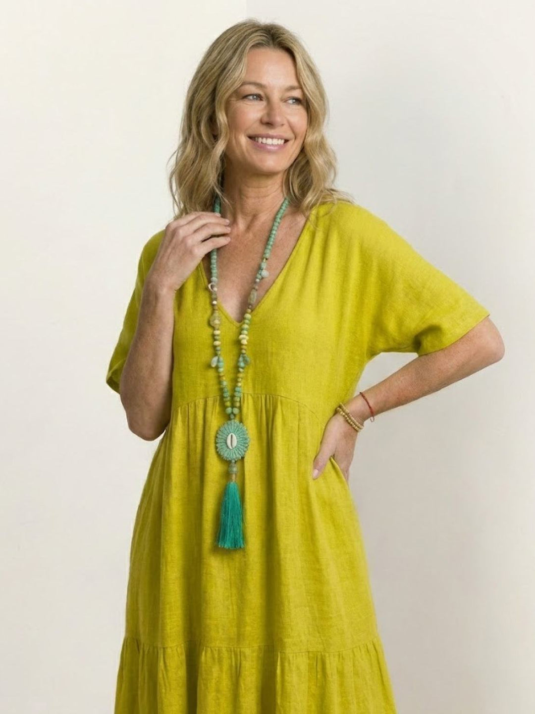 Women's V-Neck Tiered Maxi Swing Dress with Short Sleeves